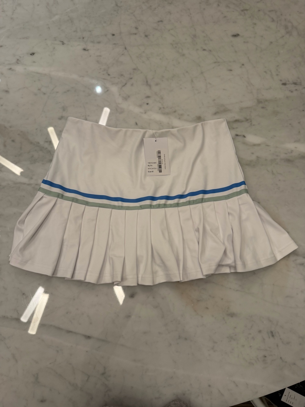 White Pleated Mini Skirt with Blue & Sage Stripe Detail